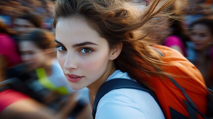 Naklejka premium Young woman in motion, dynamic background with crowd, vibrant energy.
