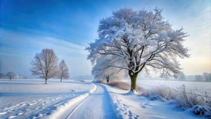 Obraz premium Snow covered path with tree in background, snow, winter, path, tree, nature, cold, scenic, landscape, outdoors, white, icy