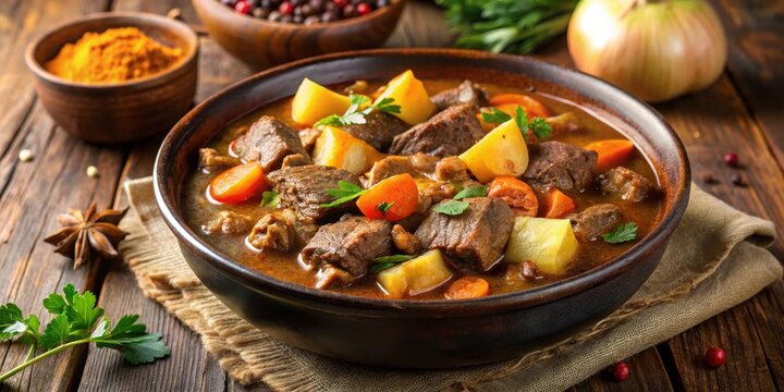 Beef traditional diss with stew, hearty beef dish cooked with organic spices, beef, traditional, stew, dish, organic, spices
