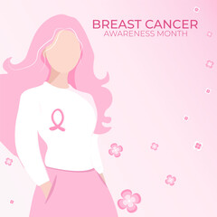 Woman with pink ribbon for breast cancer awareness month. Vector illustration, banner, background, social media post, poster. Women support, care, healthcare concept, campaign, charity, cure, budge.