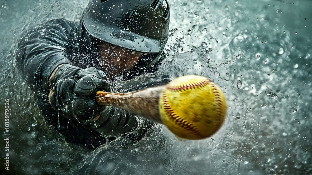 Poster a dynamic image capturing a player swinging a bat to hit a softball, creating a splash of water, sho