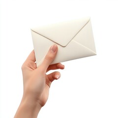A hand holding a white envelope against a white background.