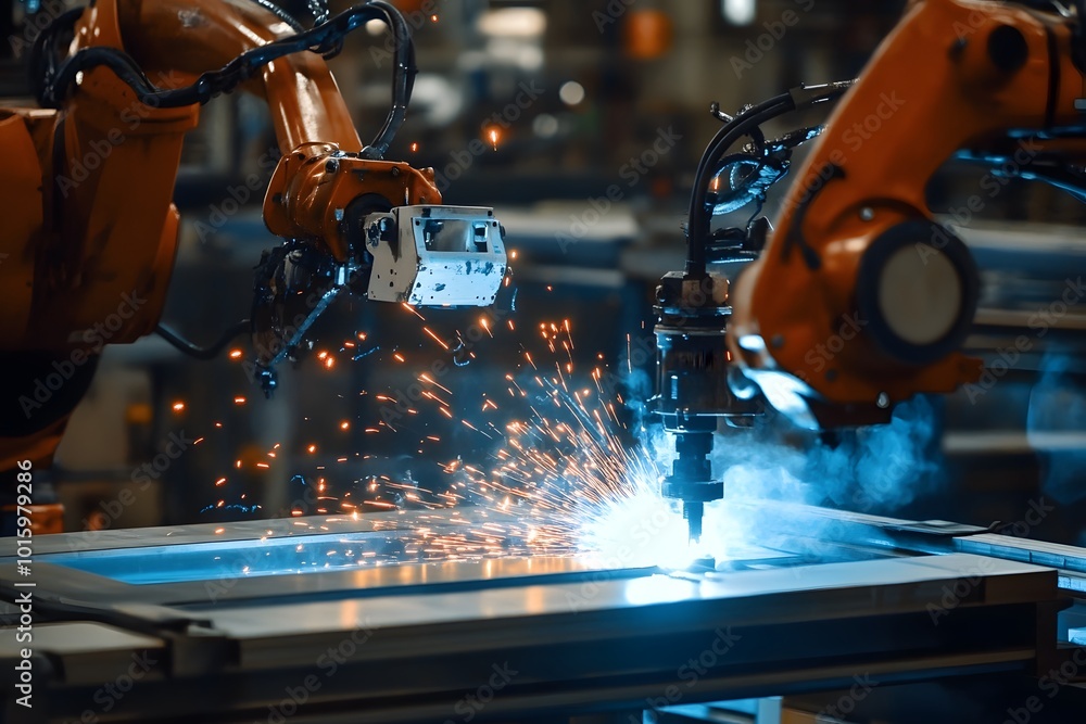 Poster robots weld metal parts in a factory, creating sparks and showcasing advanced automation in manufact