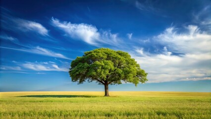 Fototapeta premium Lone tree standing tall in a vast empty field, solitude, nature, landscape, isolated, peaceful, serene