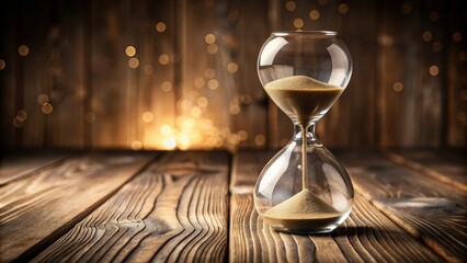 Hourglass on wooden floor, sand pouring slowly through the glass bulbs, time, passing, countdown, deadline, aging, reminder, clock