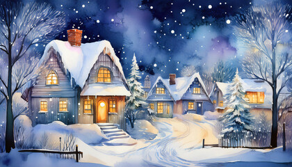 Soft watercolor. Snowy Village at Night with Glowing Windows