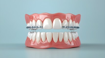 Obraz premium Teeth realignment process in animation, showing crooked teeth gradually moving into perfect alignment through braces, before and after view