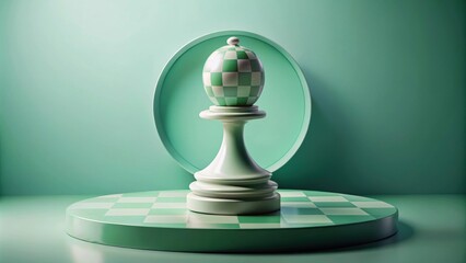 Minimalist chess scene with chess board balanced on a sphere on podium in pastel green colors, chess, minimalism, scene