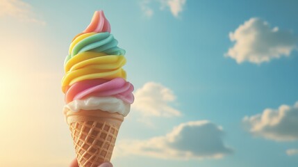 A cheerful ice cream cone held up against a summer sky, its melting sweetness tempting with vibrant colors and playful charm