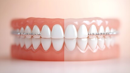 Teeth correction journey through braces, depicting a side-by-side comparison of crooked and straight teeth after treatment, Simple Background, Hyper-Realistic Digital Art
