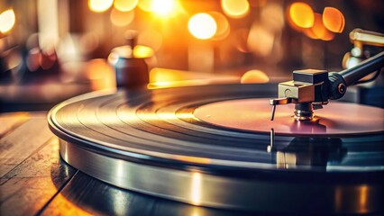 Close up of a vinyl record spinning on a turntable with a warm, cozy atmosphere , vinyl, record, turntable, music, retro, vintage