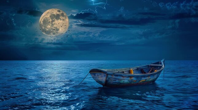 Wooden boat floating on calm ocean at night under glowing moon in a fantasy setting
 Seamless looping 4k time-lapse virtual video animation Generated AI