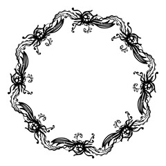 Vintage wreath from web leaves and swirls - vector graphic, black lines on white. Gothic style. Mirror decoration.