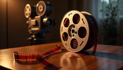 Vintage Cinema Reels and Camera in Golden Light - The Art of Classic Filmmaking