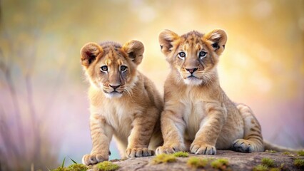 Fototapeta premium Lion cubs playing in their natural habitat with a soft pastel background, lion cubs, nature, wildlife, animals, young