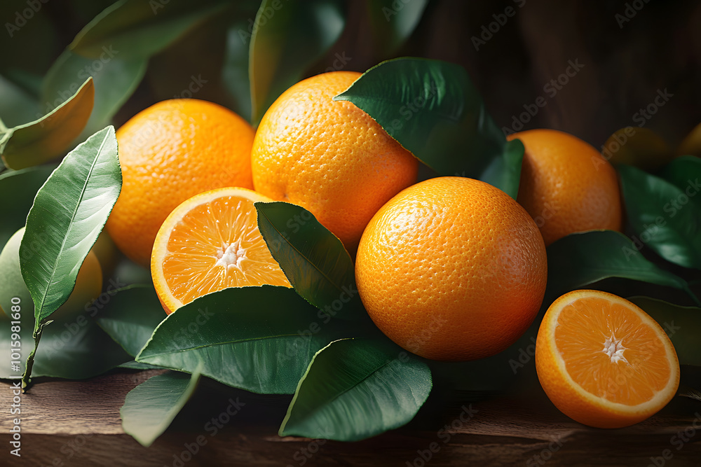 Poster fresh orange fruits with leaves