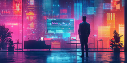 A business professional having a virtual mentoring session in a room filled with holographic data visualizations and learning tools.