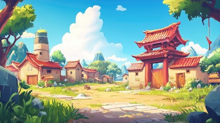 Fototapeta premium A Quaint Asian Village Street with a Stone Gate and Mountain Views