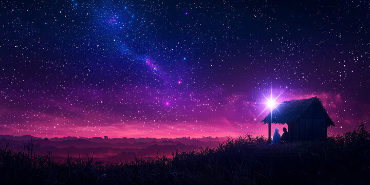A bright star illuminating the night sky, shining over the manger scene with Mary, Joseph, and baby Jesus.
