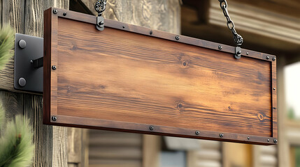 Wooden sign with a metal frame hanging on a chain