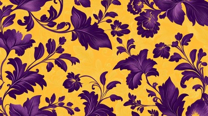 Unique seamless yellow and purple wallpaper featuring elegant floral and leaf patterns, ideal for spring and summer designs, home decor, backgrounds, and creative projects
