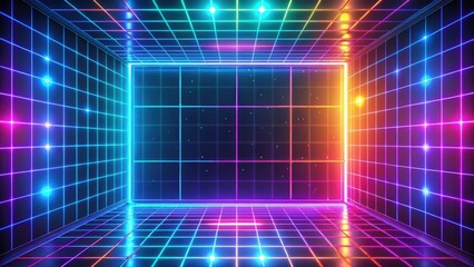 Abstract colorful neon grid background with glowing tiles and squares, neon, grid, abstract