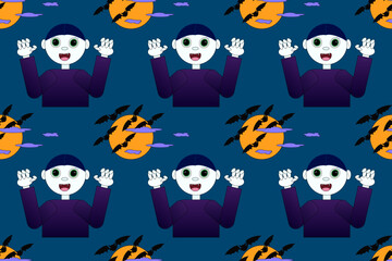 Seamless pattern with a cute cartoon vampire, bats, and moon. Great for Halloween designs, spooky decorations, and themed projects.