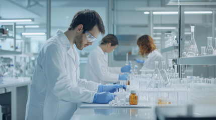 A laboratory setting where scientists are testing products according to ISO standards for safety and quality.