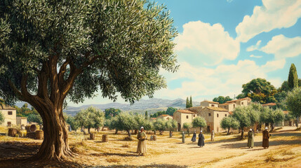 Fototapeta premium Create a story centered around an annual olive harvest festival in a small village. 