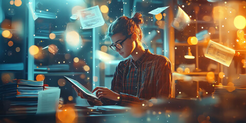 A learner using a tablet for business training, with digital tools like calculators, charts, and books floating around them.