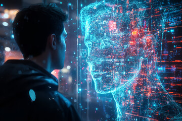 A virtual mentor or coach in the form of a glowing avatar teaching a businessman through a digital interface.