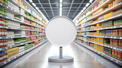 Blank products on supermarket shelves with a round wobbler mockup, supermarket, racks, product, wobbler, mockup, , retail