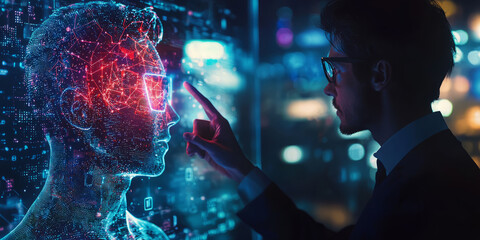 A virtual mentor or coach in the form of a glowing avatar teaching a businessman through a digital interface.