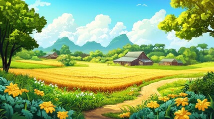 Rural Landscape with Farmhouse, Golden Field, and Mountains