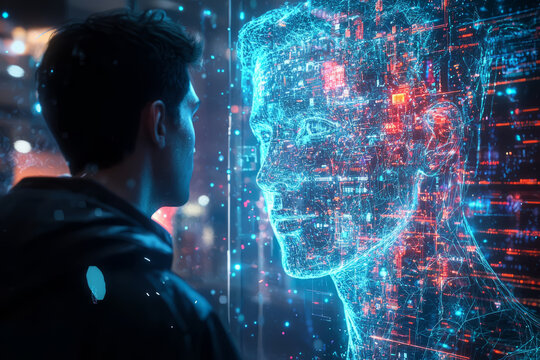 A virtual mentor or coach in the form of a glowing avatar teaching a businessman through a digital interface.