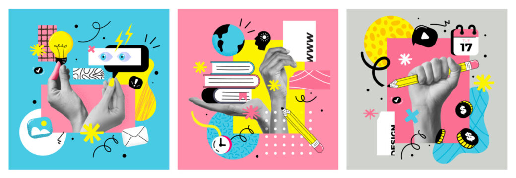 The abstract collage banner for an art school or Online education. The halftone hand and splash elements, modern design. Social media template. Vector illustration