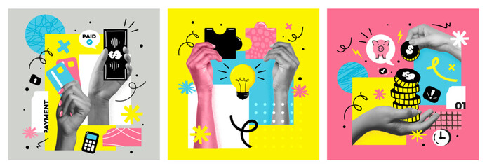 Contemporary collage with hands, Finance elements and money and abstract shapes. Banner of financial planning. Vector art