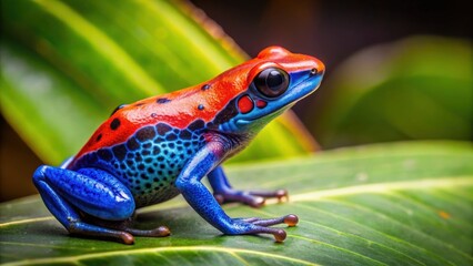 Vibrant red and blue poison dart frog on a leaf , poison dart frog, vibrant colors, tropical, amphibian, wildlife, rainforest