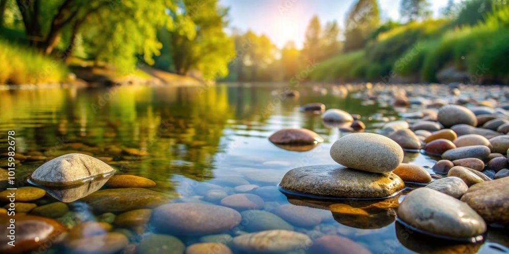 Sticker Pebbles in a serene river setting, nature, water, stones, rocks, peaceful, stream, tranquility, reflection, calm, outdoor, Zen