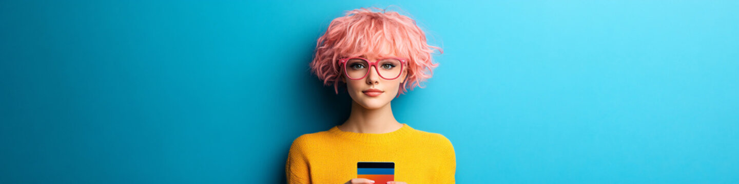 young woman with pink hair and glasses holding a credit card