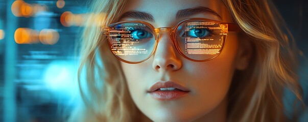 Blonde Caucasian female data analyst in IT, with dynamic data flow graphics, showcasing a professional business look, clear space for text