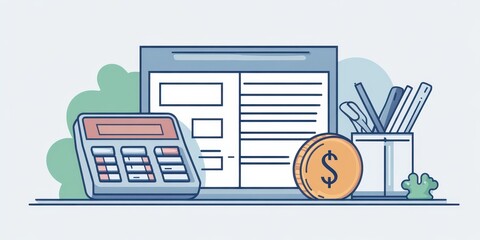 Vector illustration of financial planning tools including a calculator, a laptop, a coin, and office supplies. Ideal for finance-related content.