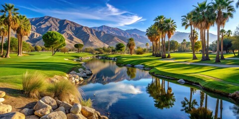 Fototapeta premium Stream flowing through scenic golf course in Palm Springs, California , Palm Springs, California, golf course, stream, water