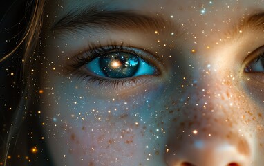 Closeup of a young girl with a reflective gaze, showing space and galaxies in her eyes, symbolizing her mental health and emotional depth
