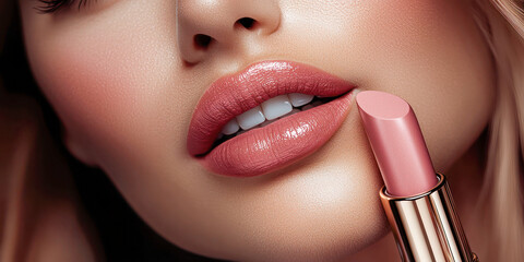 Close-up of a woman with glossy lips applying pink lipstick, showcasing smooth skin and soft makeup.