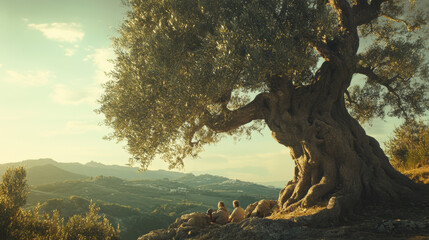 Fototapeta premium Imagine a wise old olive tree that has witnessed centuries of history. 