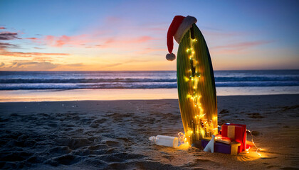 Surfboard with Christmas Lights and a Santa Hat