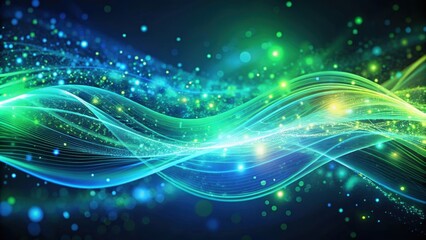 Abstract energetic background with flowing wave pattern of blue and green particles, lines, and glowing dots, abstract