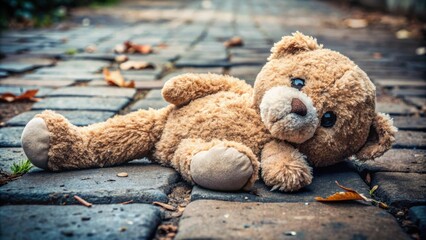 Destroyed stuffed teddy bear lying on the floor outside, destroyed, stuffed, teddy bear, lying, floor, outside, fluffy, toy