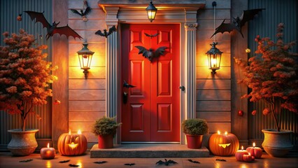 Obraz premium Halloween door decoration with bat and lanterns illuminating red entrance in festive evening ambiance, Halloween, door decoration